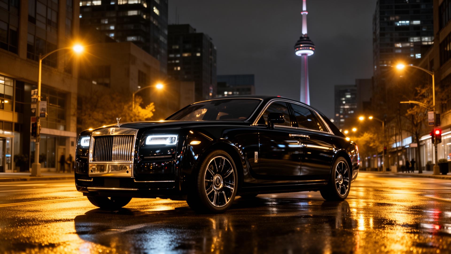 Luxury black sedan in downtown Toronto at night
